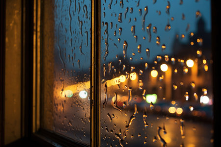 close-up of raindrops on window with city lights bokeh in the background, created with generative aiの素材