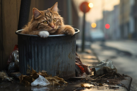 a cat sitting next to a tipped over trashcan, created with generative aiの素材