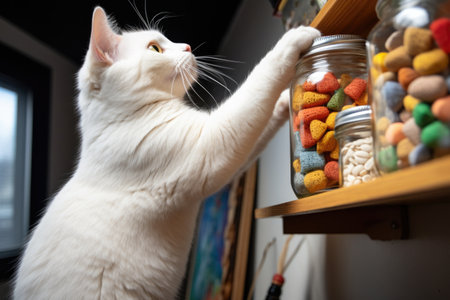 a white cat knocking over a jar of cat treats on a shelf, created with generative aiの素材
