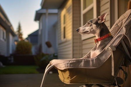 profile shot of a greyhound dog in a vintage baby stroller, created with generative aiの素材