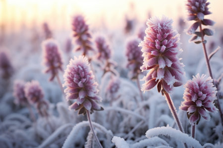clover flowers covered in frost during early morning, created with generative aiの素材
