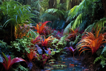 a dense bed of multi-colored ferns in a tropical forest, created with generative aiの素材