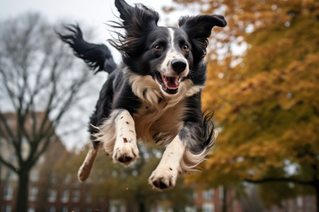 a border collie in a park, mid-leap, trying to grab its tail, created with generative aiの素材