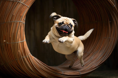 a pug in the middle of a playful spin, its tail in its mouth, created with generative aiの素材