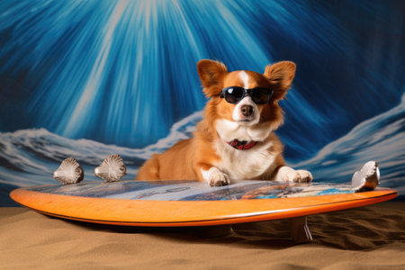 a corgi wearing oversized sunglasses next to a surfboard on the sand, created with generative aiの素材