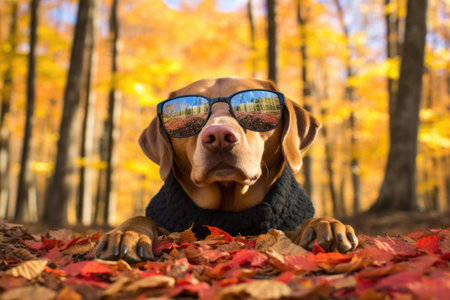 a labrador retriever wearing trendy sunglasses, surrounded by autumn leaves, created with generative aiの素材