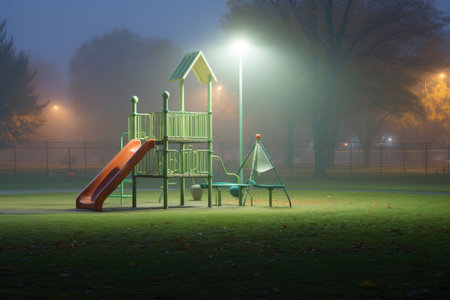 playground equipment seen through a thick fog, illuminated by a distant light source, created with generative aiの素材