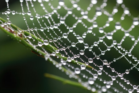 close-up of dewdrops on a spider web, emphasizing its intricate design, created with generative aiの素材