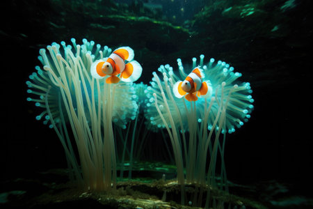 anemonefish duo swimming playfully around their anemone home, created with generative aiの素材