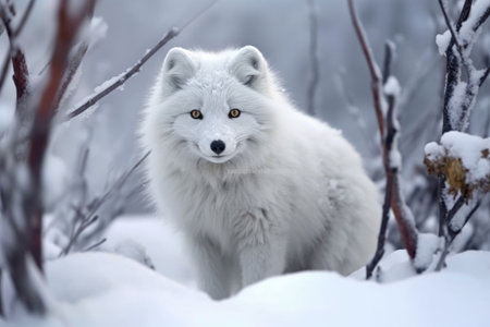 arctic fox blending in with snow-covered surroundings, created with generative aiの素材