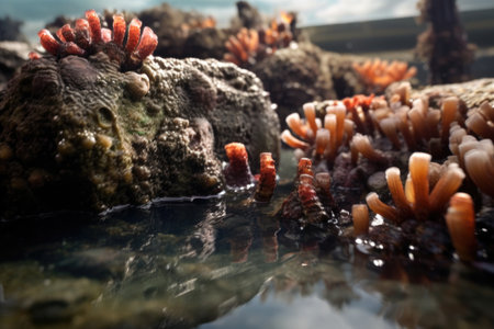 close-up of barnacles feeding in shallow water, created with generative aiの素材