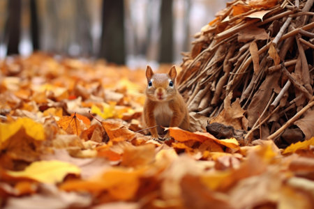 squirrel playing in a mound of fallen leaves, created with generative aiの素材