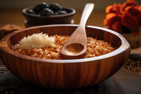 sushi rice in a wooden bowl with a paddle, created with generative aiの素材