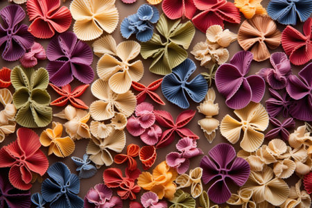 colorful pasta varieties arranged in a creative pattern, created with generative aiの素材