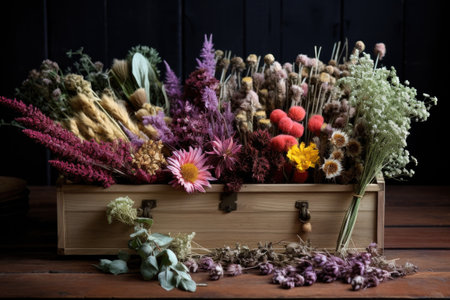 dried flowers and herbs in a wooden box, created with generative aiの素材