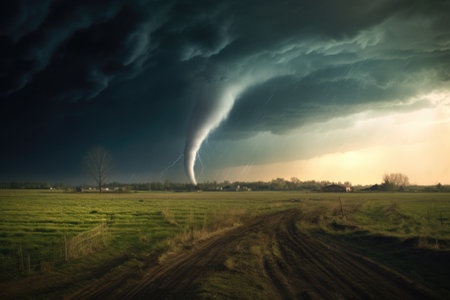 tornado through an empty field, dirt flying, created with generative aiの素材