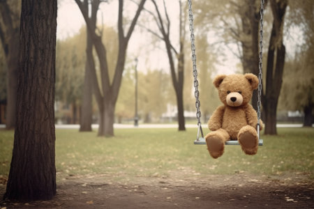 lost teddy bear on a park swing, swaying gently, created with generative aiの素材
