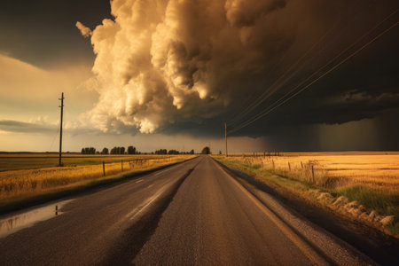 supercell storm over a deserted rural road, created with generative aiの素材