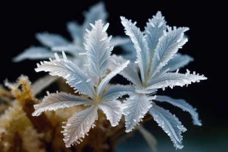 ice crystals forming frost flowers on a frozen leaf, created with generative aiの素材