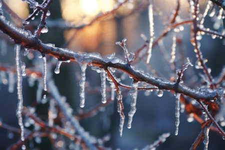 close-up of icicles forming on tree branches, created with generative aiの素材