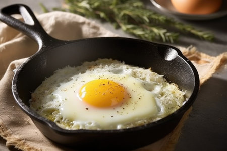 sunny side up egg in cast iron skillet, created with generative aiの素材