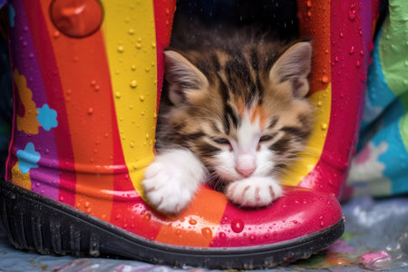 kitten sleeping inside a colorful rain boot, created with generative aiの素材