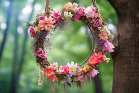 flower crown hanging from a tree branch in a garden, created with generative aiの素材