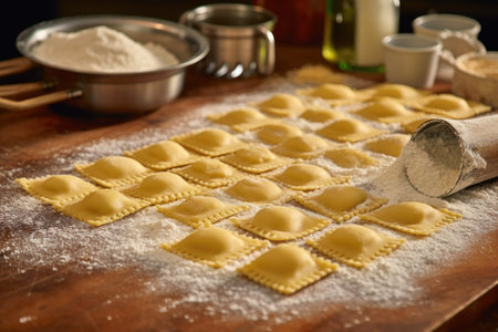 freshly made ravioli arranged on a floured surface, created with generative aiの素材