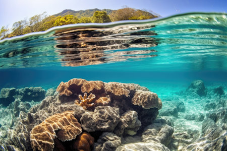 wide-angle shot of octopus swimming near reef, created with generative aiの素材