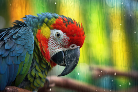 parrot preening with blurred tropical background, created with generative aiの素材