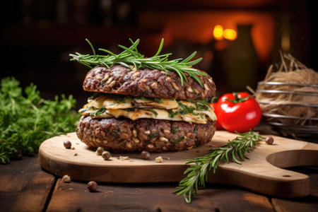 nutty hemp seed burger on a rustic table, created with generative aiの素材