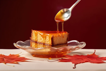 a spoonful of maple syrup dripping onto a cake, created with generative aiの素材