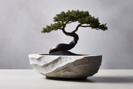 pruned bonsai tree in a modern, minimalist pot, created with generative aiの素材
