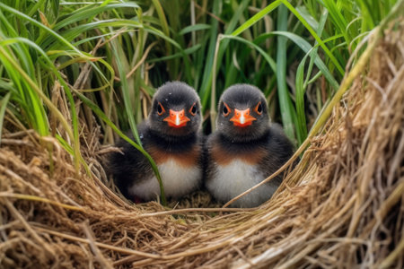 puffin chicks peering out from grassy burrow, created with generative aiの素材