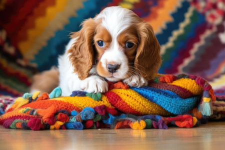 puppy playfully chewing a colorful slipper on a cozy rug, created with generative aiの素材