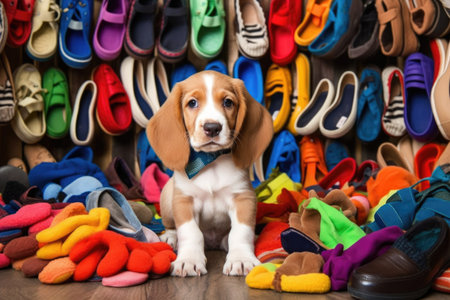 puppy surrounded by colorful slippers, choosing one to chew, created with generative aiの素材