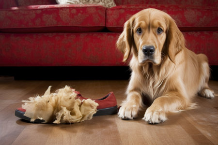 chewed-up slipper next to a guilty-looking puppy, created with generative aiの素材
