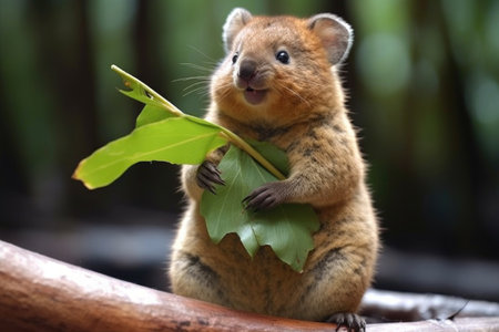 quokka with cheeks full of leaves, mid-chew, created with generative aiの素材
