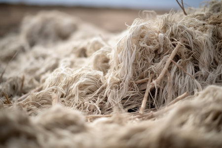 close-up of freshly shorn sheeps wool on the ground, created with generative aiの素材