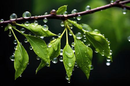 raindrops on fresh spring leaves and buds, created with generative aiの素材