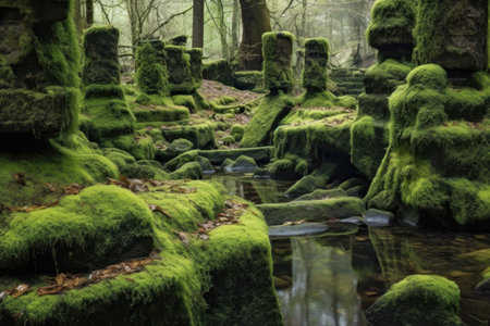 moss-covered stones bordering spring water, created with generative aiの素材