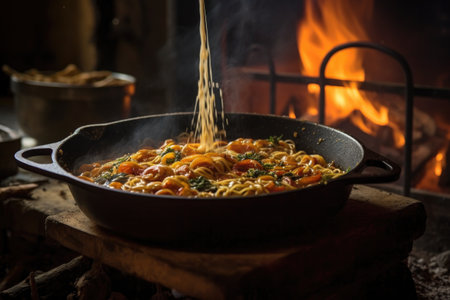 stirring pasta in a rustic cast iron skillet, created with generative aiの素材