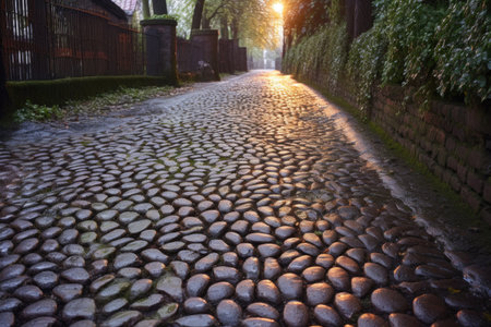 sweeping patterns on dewy cobblestone path, created with generative aiの素材