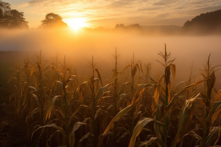 foggy morning in cornfield with sun peeking through, created with generative aiの素材