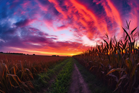 wide-angle shot of cornfield with vibrant sky colors, created with generative aiの素材