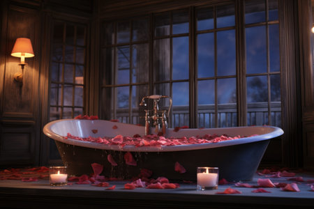 a steaming bathtub with lit candles and rose petals around, created with generative aiの素材