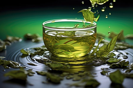 green tea leaves floating on water surface in cup, created with generative aiの素材