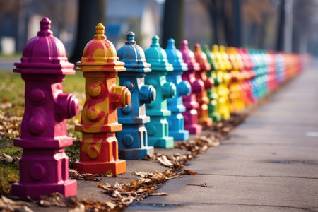 colorful fire hydrants lined up in a row, created with generative aiの素材