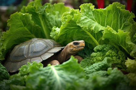tortoise enjoying lettuce in natural habitat, created with generative aiの素材