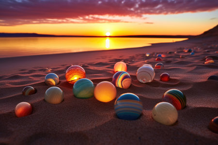 glass marbles on a sandy beach during sunset, created with generative aiの素材